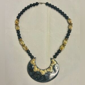 Vintage Statement Necklace – Black Beaded & Gold Crescent Pendant, Bold Modern